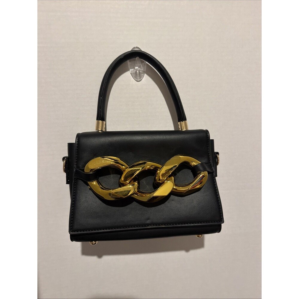 Women Black Satchel/Top Handle Bag Gold Chain Detail Bottom Studs Solid Rect